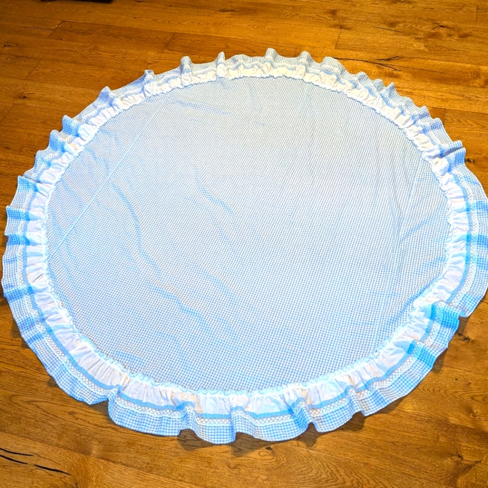 Vintage Blue and White Gingham Round Tablecloth with Ruffled Edge
